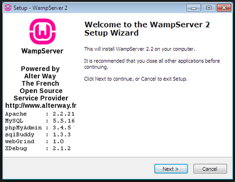 P á g i n a 124 Ilustración 39 Pantalla de inicio de instalación de WAMPSERVER Fuente: (Instalaciòn WAMPSERVER Robert Granda) Cuando se instala WAMPSERVER 2.2, tenemos incluidos, un servidor Apache,2.