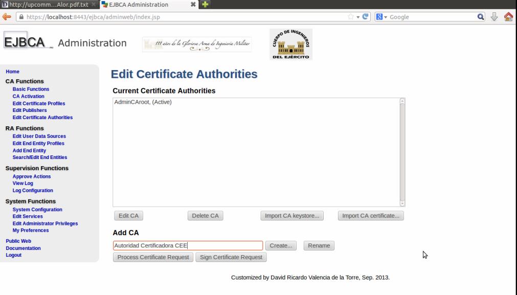 Edit Certificate Authorities del apartado CA Functions, definir el nombre de la nueva autoridad