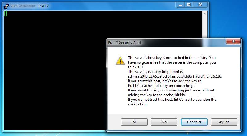 PASO 8 La primera vez que se conecte a su servidor remoto, PuTTY mostrará un aviso de seguridad.