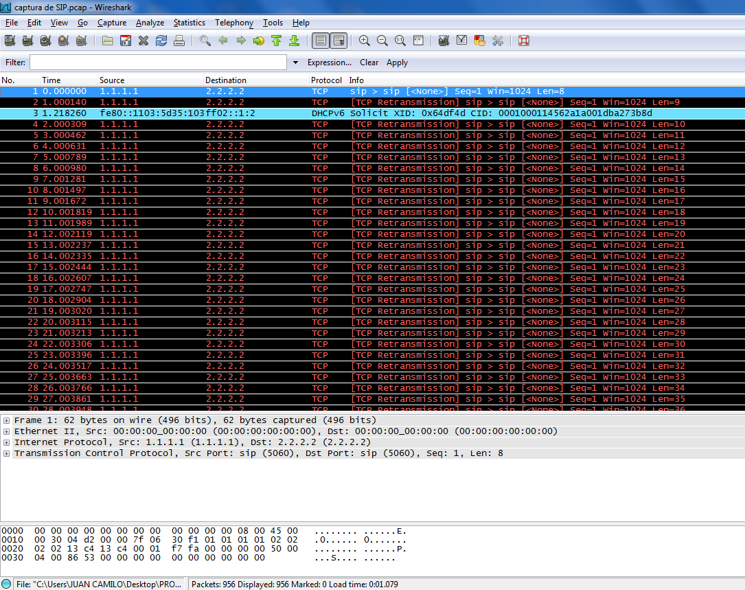 FIGURA 30. Ventana de visualización de captura de tráfico SIP en Wireshark Fuente: Autor 4.2.