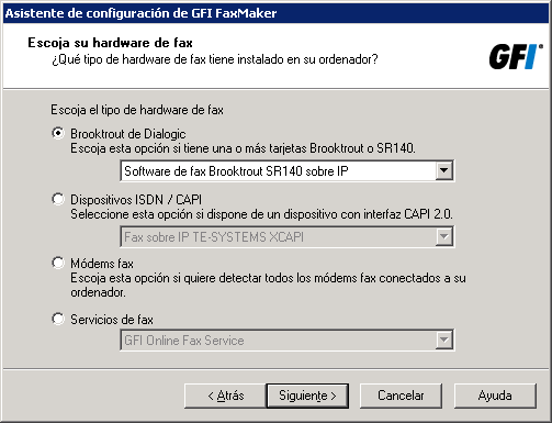 Captura de pantalla 9: Selección del controlador de Brooktrout SR140 3. Haga clic en Brooktrout de Dialogic y seleccione Software Brooktrout SR140 de Fax sobre IP.