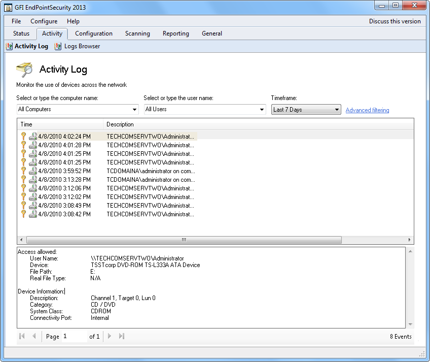 Captura de pantalla 84: Subficha Activity Log Para acceder a la subficha Activity Log, en la consola de administración de GFI EndPointSecurity, haga clic en la ficha Activity > Activity Log.