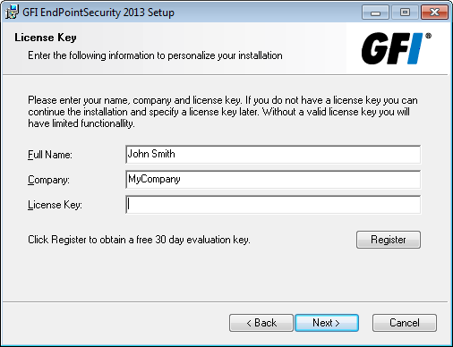 Captura de pantalla 2: Instalación de GFI EndPointSecurity: Configuración de la cuenta de administrador de dominio 5.
