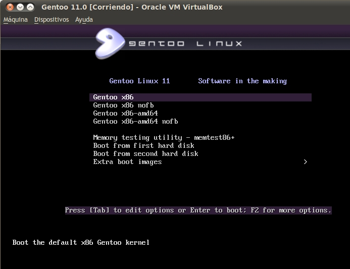 4.4 Gentoo Linux 11.0 Para la distribución Gentoo se utilizará la versión Live DVD, para no tener que compilar todo el sistema completo. Una vez montada la imagen gentoo-livedvd-x86-amd64-32ul-11.0.iso se procede a arrancar la máquina virtual (Figura 15).