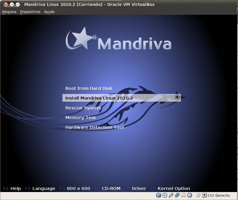 4.7 Mandriva Linux 2010.2 Montada la imagen mandriva-linux-free-2010.2-i586.iso, se procede a arrancar la máquina virtual (Figura 21). Figura 21. Menú del LiveDVD de Mandriva Linux 2010.