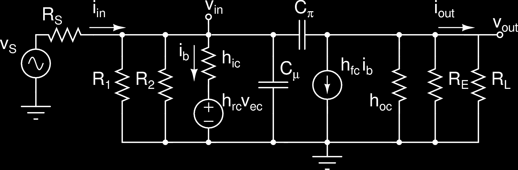 Figura 27: Modelo en pequeña señal de un amplicador en colector común a frecuencias bajas. Figura 28: Modelo en pequeña señal de un amplicador en colector común a frecuencias altas.