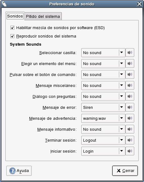 Ajuste de las preferencias de sonido generales Utilice la pestaña Sonidos para especificar cuándo se debe ejecutar el servidor de sonidos. También puede habilitar funciones de eventos sonoros.