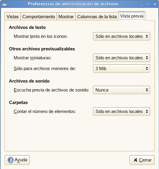 Vista previa Para configurar el modo en el que se muestra la vista previa de los archivos en el gestor de archivos y si se incluye en las carpetas el número de elementos que contienen, haga clic en