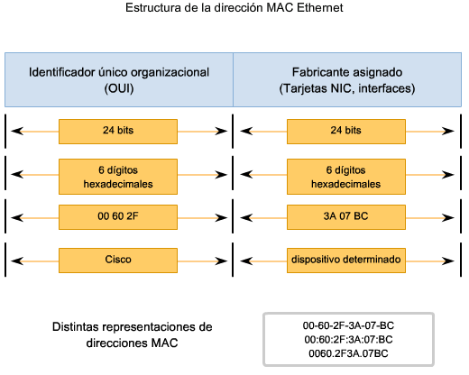 Estructura de la dirección MAC El valor de la dirección MAC es el resultado directo de las normas implementadas por el IEEE para proveedores con el objetivo de garantizar direcciones únicas para cada