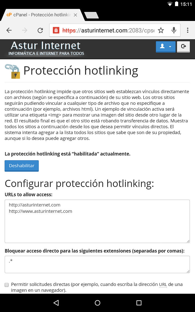 Seguridad 1 Protección hotlink + Seguridad El cajetín seguridad incluye las siguientes herramientas: Directorios protegidos con contraseña: esta opción permite restringir el acceso a determinados