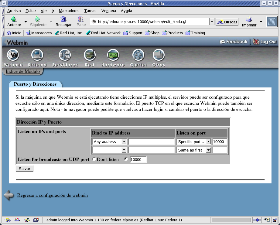 Thales-CICA 2004 Administración de Webmin Página 45 Por defecto está configurado para permitir el acceso desde cualquier dirección IP.