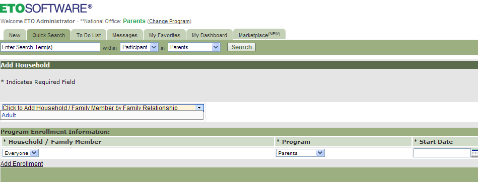Parents (Home visitors will enter this information) Select Parents from the change program option. Click the next to Add Household on the home page.