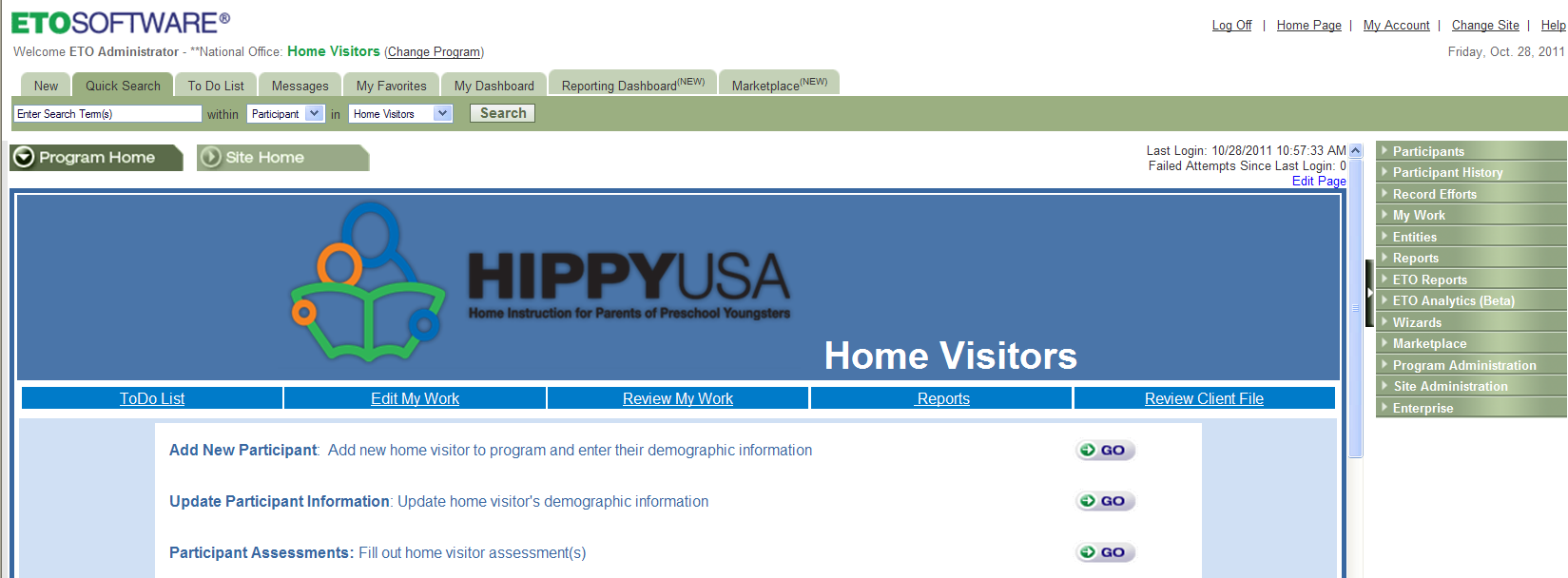 Essential Feature: Home Visitors Accreditation Standard 1: Home Visitor s Background Forms This report can be retrieved only from the Home Visitors program. 1. Select Update Participant Information.