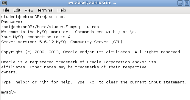 A continuación deben ejecutarse los siguientes comandos Linux en el terminal para iniciar el cliente mysql (Figura 1.5): Figura 1.