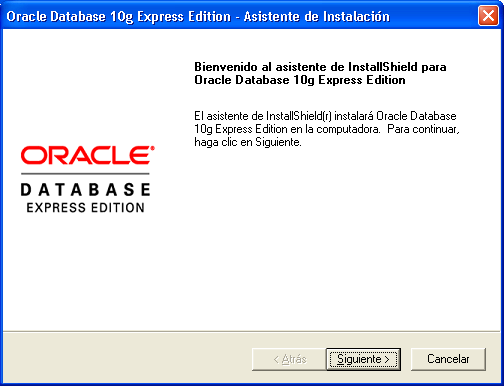Al dar doble clic sobre éste, se inicializará el asistente de instalación de Oracle Database 10g Express, como muestra la siguiente figura: Figura D.4 Asistente InstallShield.