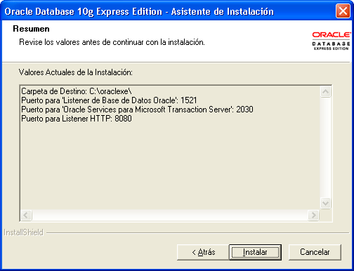 Figura D.8 Ventana de contraseñas Oracle Database 10g Express Edition. En esta ventana digite la contraseña que considere. Para esta instalación se digitó la contraseña 123456.