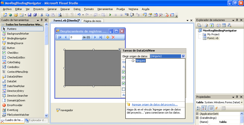 Ahora seleccione el objeto DataGridView llamado tabla y en la flecha que aparece en el lado superior derecho, dé clic en el mouse para visualizar las Tareas de DataGridView: Figura 3.