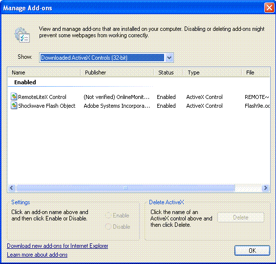 Internet Explorer 6, Windows XP o Windows 2000: a. Abra la carpeta de instalación del sistema operativo, como «C:\Windows» o «C:\WINNT». b. Abra la carpeta «Downloaded Program Files». c. Haga clic con el botón derecho en «HRemoteLiteX Control» y seleccione «Eliminar» para borrar el control del monitorado online.