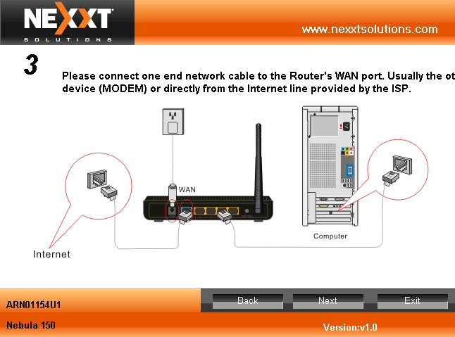 Por favor conecte un lado del cable de red al puerto WAN, y el otro lado a su Modem o directamente a la salida de cable