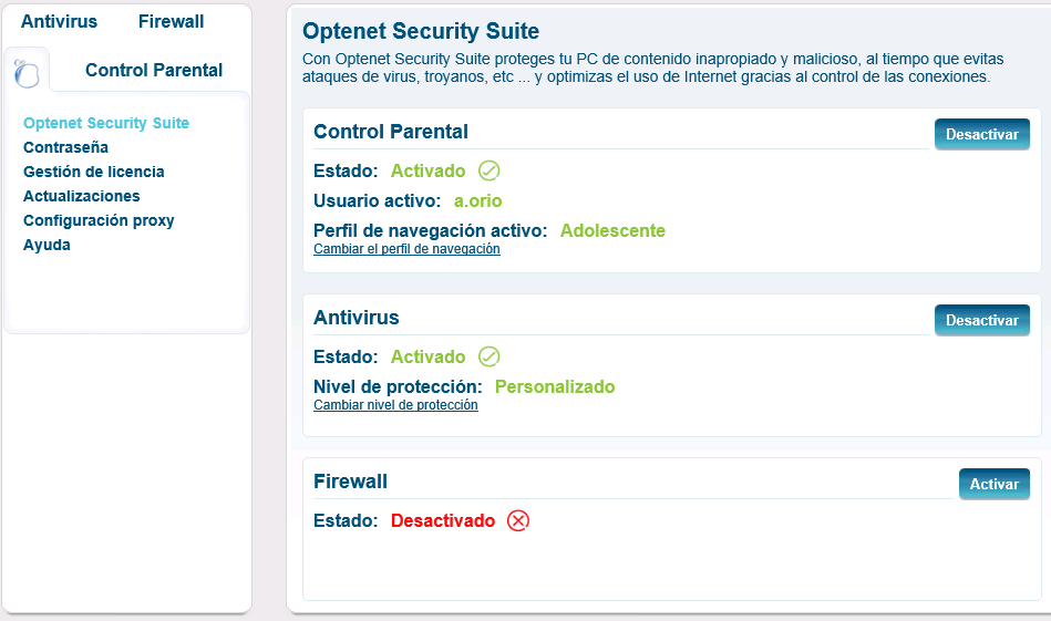 OPTENET Security Suite está compuesto principalmente por las siguientes soluciones de seguridad: Control Parental, Antivirus y Firewall.