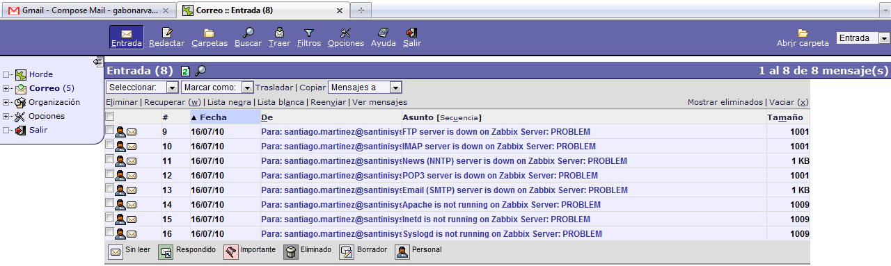 se encuentran diferentes correos provenientes de Zabbix alertando sobre problemas en este equipo, incluyendo el del evento visto