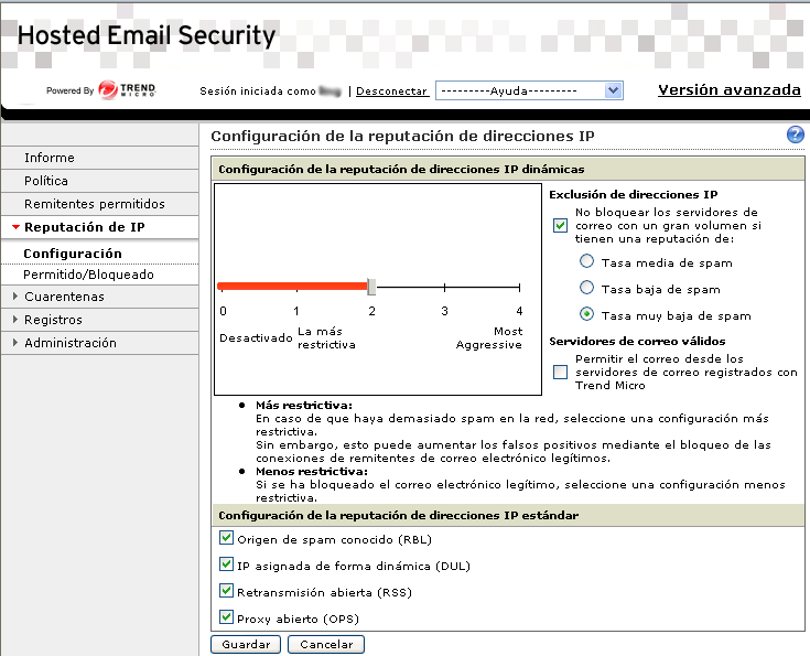 Manual del administrador de Trend Micro Hosted Email Security Configuración de la reputación de direcciones IP Hosted Email Security puede utilizar las funciones de reputación de direcciones IP de