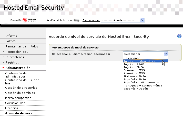 Manual del administrador de Trend Micro Hosted Email Security ILUSTRACIÓN 5-18. Pantalla Contrato de nivel de servicio de Hosted Email Security Para consultar el SLA de su región: 1.