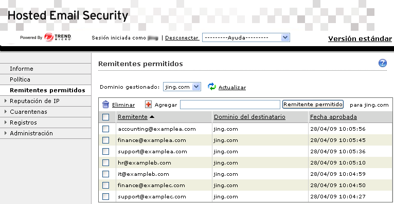 Manual del administrador de Trend Micro Hosted Email Security Remitentes permitidos En la pantalla Remitentes permitidos los administradores de correo tienen la posibilidad de autorizar direcciones o