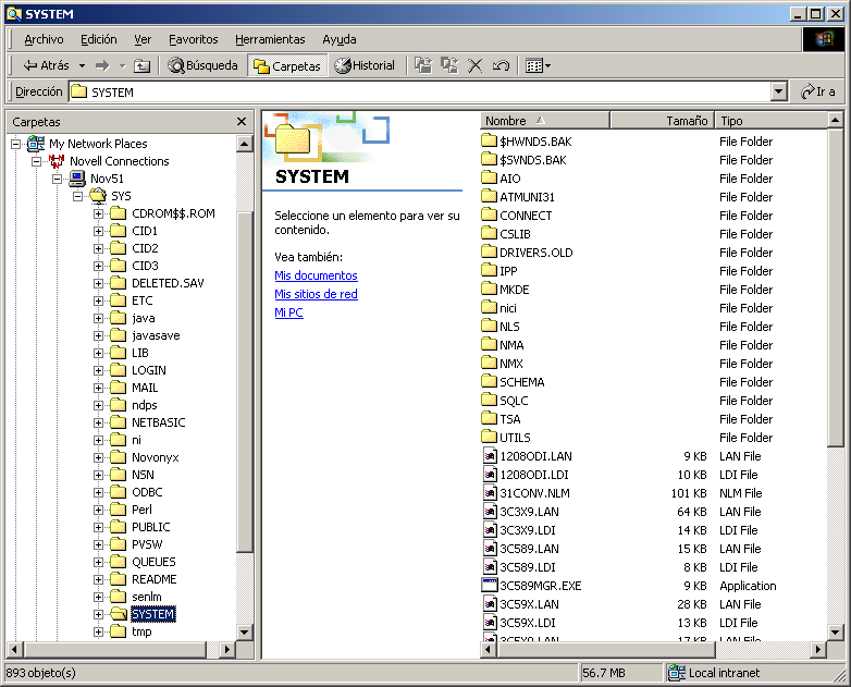 5. En Mis sitios de red (Windows Me/2000/XP) o Entorno de red (Windows 95/98/NT), seleccione el servidor y abra el volumen SYS. Haga clic en el directorio SYSTEM y seleccione Pegar en el menú Edición.