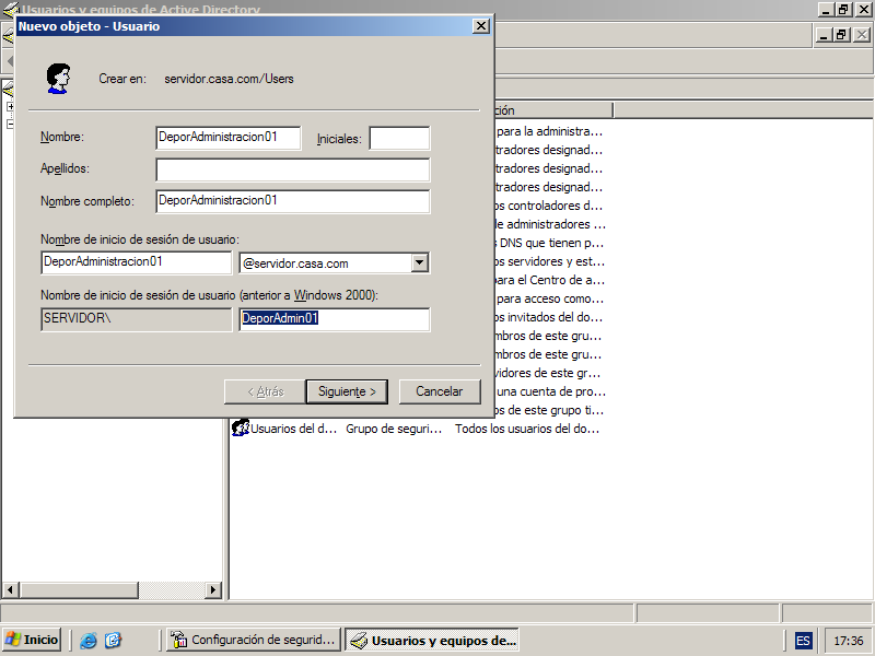 El nombre de inicio de sesión de usuario anterior a Windows 2000 tiene límite de caracteres (20). El nombre DeporAdministracion01 queda cortado por el 0. Como nombre abreviado pondremos DeporAdmin01.