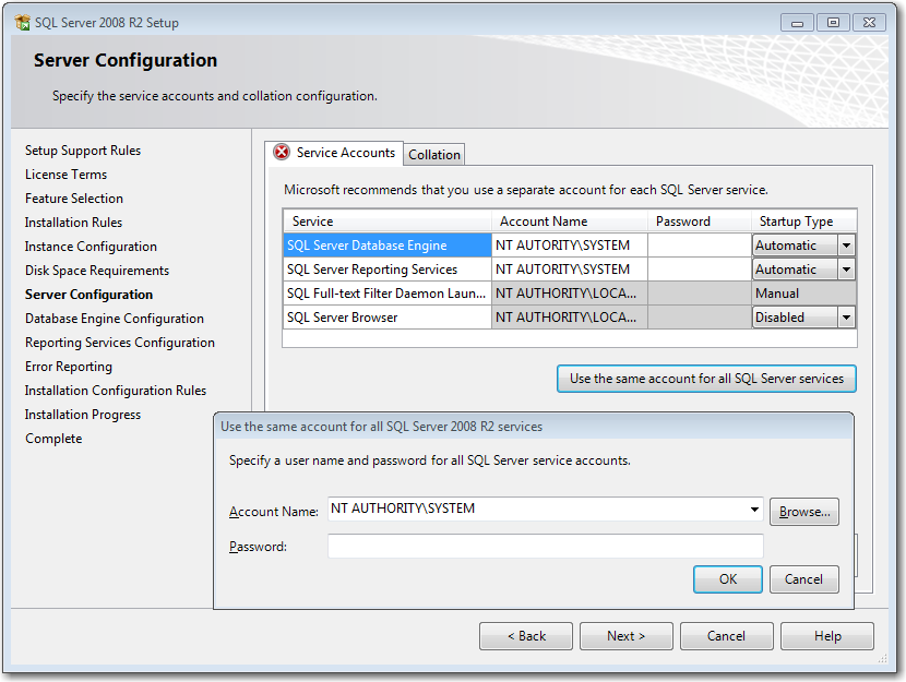 En la ventana Server Configuration, especifique la cuenta de usuario con la que correrán los servicios.