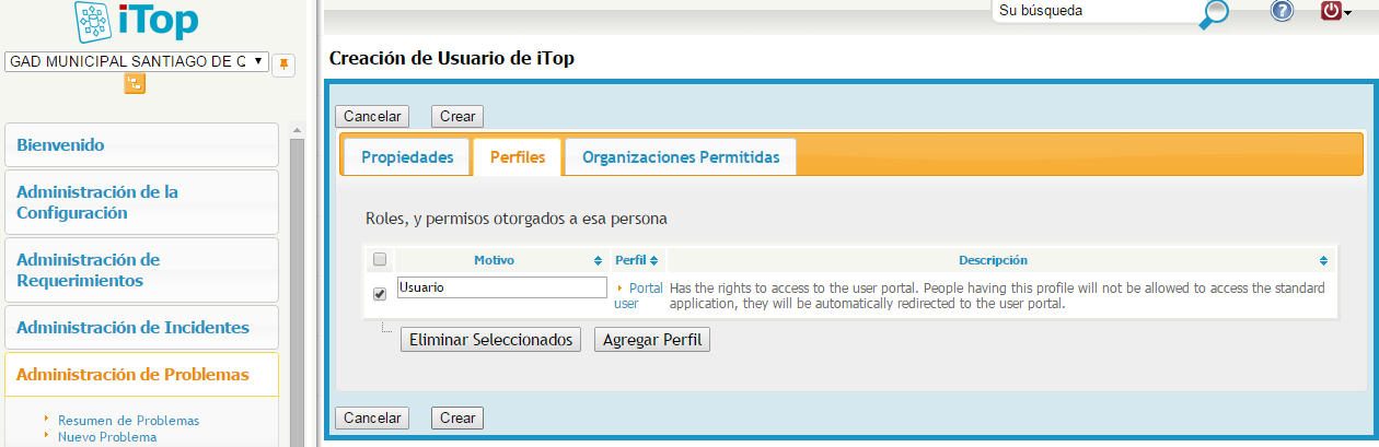 Figura 4.60: Agregar perfil para usuario-cliente itop Una vez agregado el perfil, damos clic en Crear, para que se registre el nuevo usuario. Figura 4.