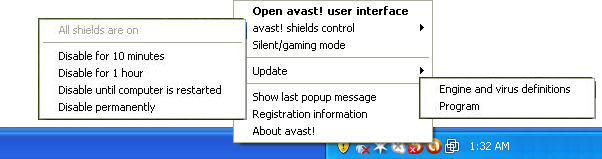 Icono de Avast en la bandeja del sistema Icono de Avast en la "Bandeja del Sistema" Si hace clic con el botón derecho del ratón sobre el icono de avas! aparecerá un menú, tal y como se muestra abajo.