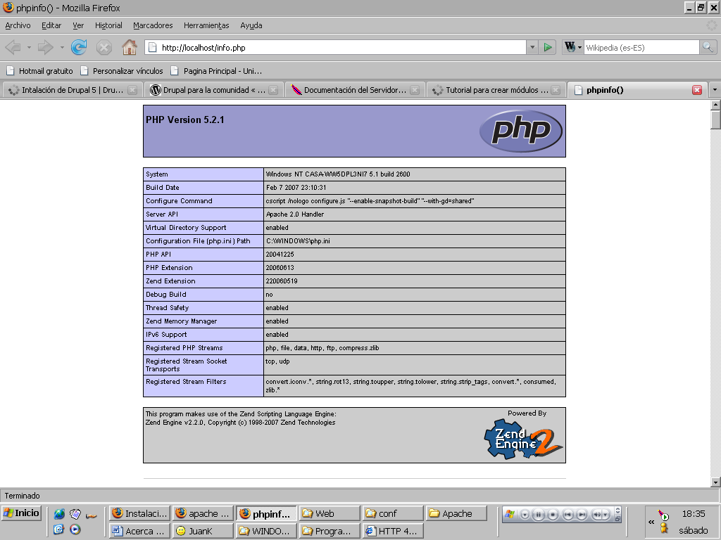 Figura 4. Página de información de PHP. Tenga en cuenta que para acceder a su servidor local y así poder probar los scripts y las páginas de su web, siempre accederá con la dirección http://127.0.