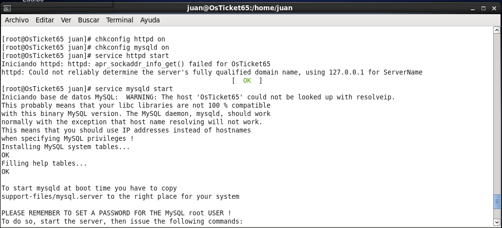 Instalación en CentOs 6.5 1. Iniciamos una terminal como root, en ella instalamos MySql y algunas librerías php necesarias para el funcionamiento del programa.