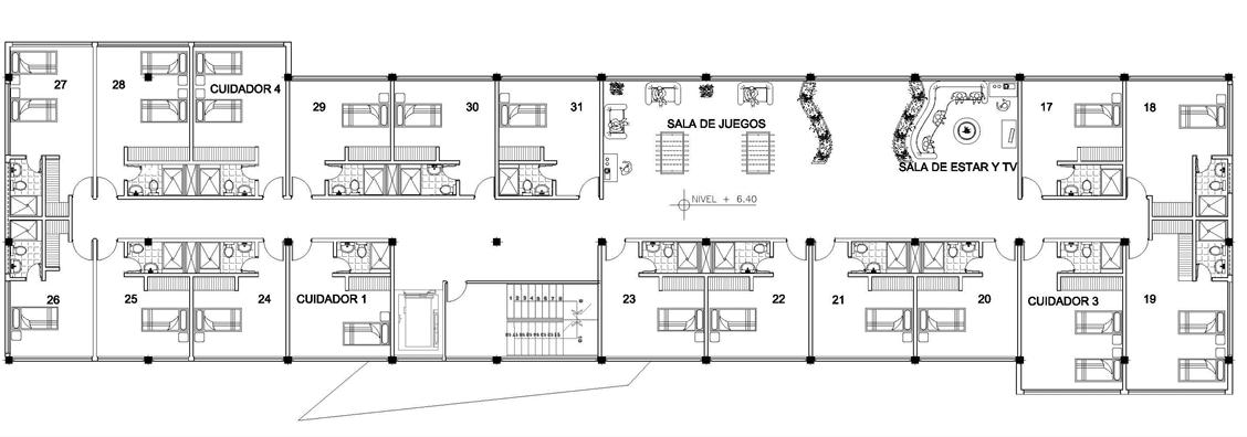 Planimetría N 20 Fuente: Susana Moya En su segunda y tercera planta, de forma similar, encontramos las habitaciones de los internos que incluyen habitaciones simple, dobles y para personas con