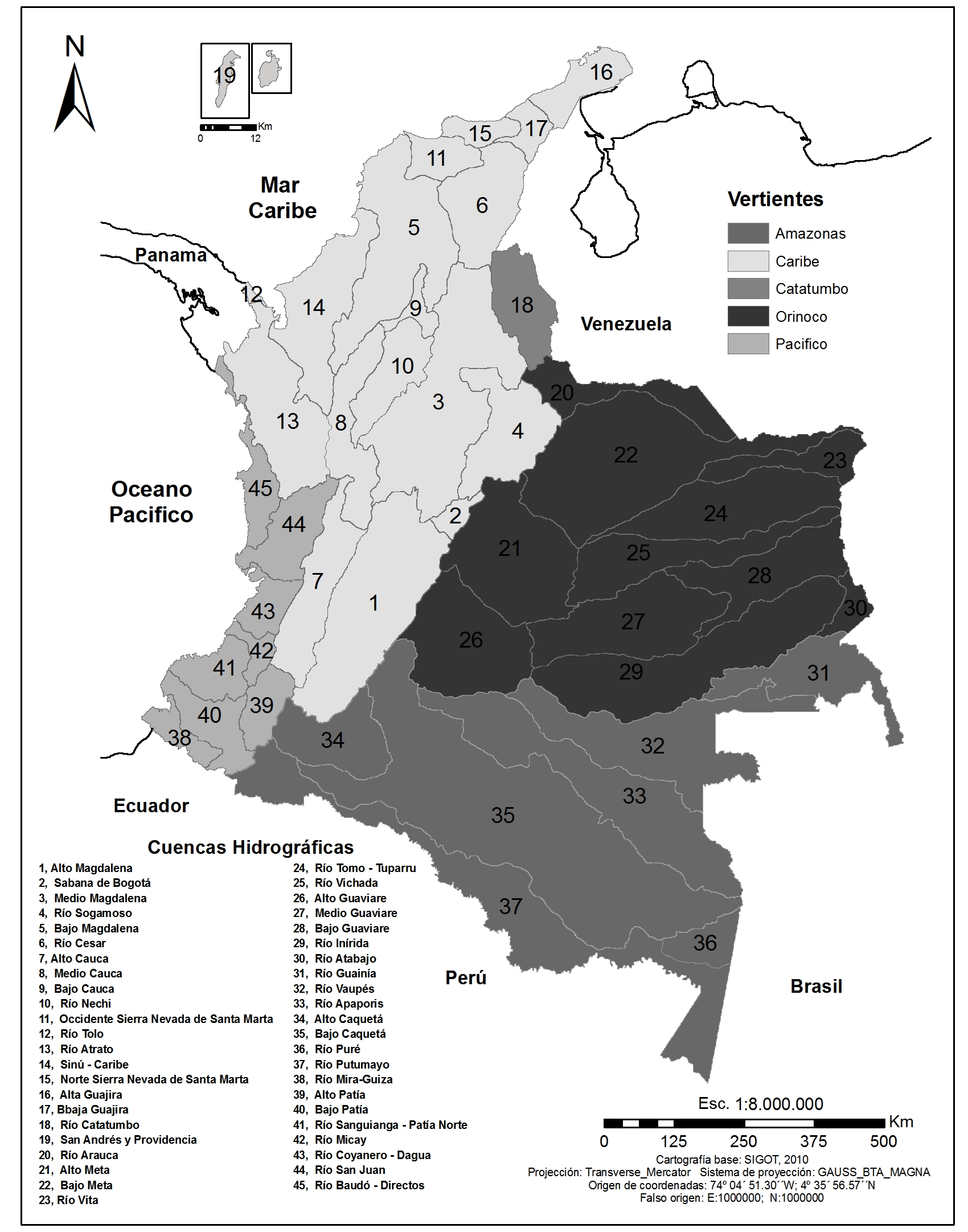 Figura 3. Vertientes y cuencas hidrográficas presentes en Colombia en igual dirección el río Caquetá (2.