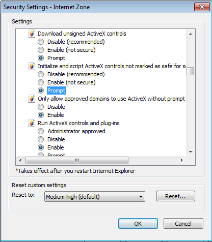 Seleccione «Nivel personalizado» y compruebe que en la opción: «Inicializar y activar la secuencia de comandos de los controles de Active X no marcados como seguros» está marcada la opción «Activar»