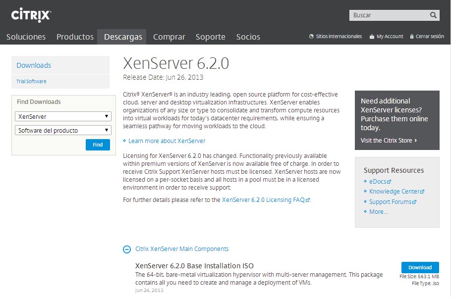 282 ANEXO 04 INSTALACIÓN DE CITRIX XEN-SERVER Para la instalación de Citrix Xen-Server debemos descargarnos su instalador desde la página oficial de Citrix, para lo cual pide registrarse y es
