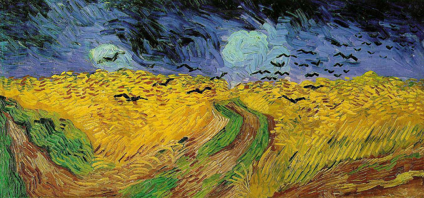 Van Gogh. Campo de trigo con cuervos (Julio de 1890). Van Gogh señala en sus cartas, la soledad y la melancolía que tienen estos últimos paisajes de trigales bajo cielos tempestuosos y amenazantes.
