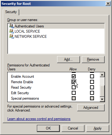 Solución de problemas y supervisión de rendimiento de Windows Habilite Llamada remota habilitada para el grupo o usuario que planea usar. Haga clic en Aplicar y cierre el cuadro de diálogo.
