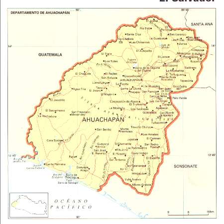 El departamento de Ahuachapán se localiza en el extremo sur occidental de El Salvador, limita al norte y al oeste con la República de Guatemala, al nor-este con el departamento de Santa Ana, al este