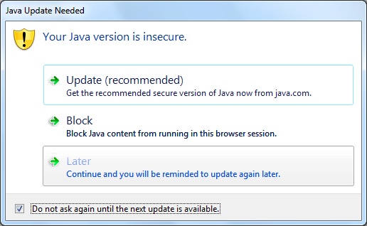 Una vez instalada la máquina virtual, al acceder al Web, puede aparecer una alerta indicando que existe una nueva versión Java disponible, bajo el texto Your Java versión is insecure.