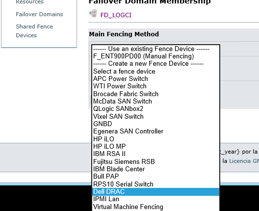 Dentro de la sección Main Fencing Method seleccionar la opción Add a fence device to this level y de la lista desplegable seleccionar la opción Dell DRAC En las
