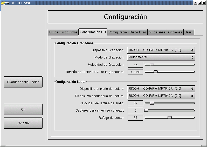 Capítulo 12. Herramientas gráficas y dispositivos prácticos 12.5.1. Comenzando Bajo Mandrake Linux puede grabar CDs usando o bien una unidad CD-R(W) SCSI o bien una ATAPI.