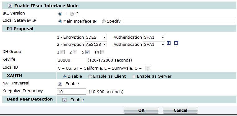 Figura 40. Continuación de la especificación de parámetros de fase 1 para la configuración de una VPN en un equipo Fortigate 3950B.