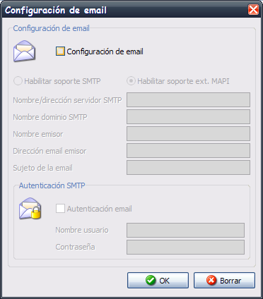 CONFIGURACIÓN SOPORTE EMAIL Esta ventana es utilizada sobre Windows NT, 2000 o XP para habilitar la configuración de los parámetros para enviar email vía SMTP.