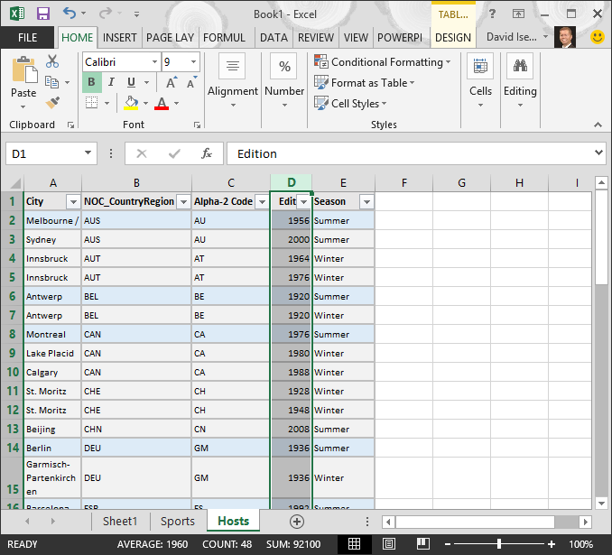 Libro de Excel con la tabla Anfitriones importada Ahora que tiene un libro de Excel con tablas, puede crear relaciones entre ellas.