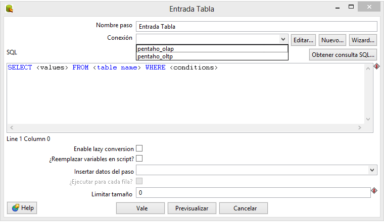 Pasos utilizados Entrada de Tabla Figura 158 Entrada de Tabla Es paso lee datos de una base de datos utilizando una conexión y una consulta SQL. Tiene las siguientes opciones: Nombre del Paso.