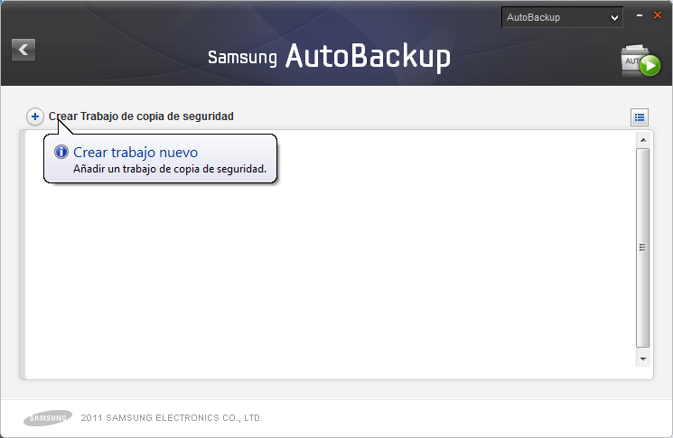 Capítulo 1 Empezar a usar Samsung Drive Manager Copia de seguridad Haga clic en "Crear copia de seguridad" en la pantalla de Samsung AutoBackup